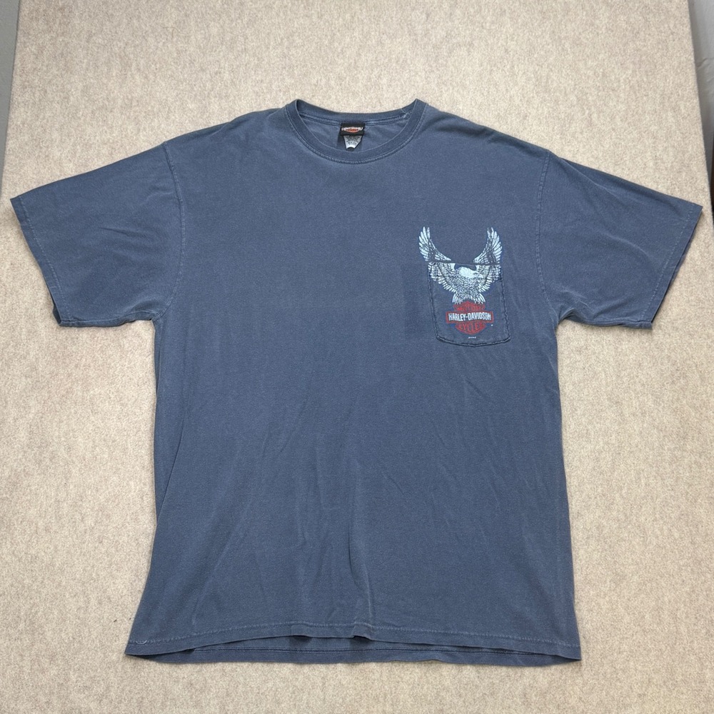 Y2K Harley-Davidson Pocket T-Shirt Mens 2XL Blue Biker Americana Eagle